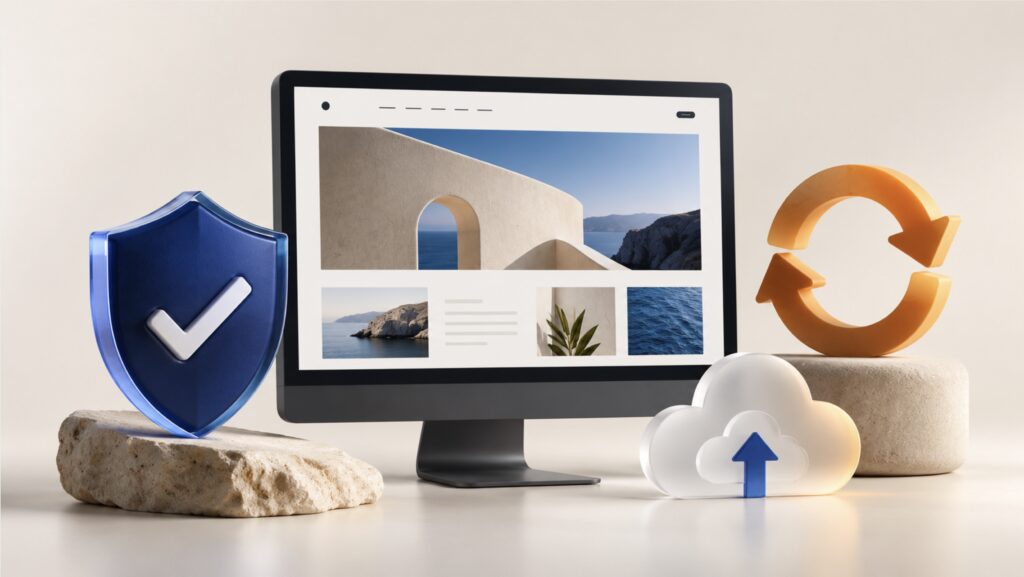 Assistenza continuativa per siti web: computer con simboli di sicurezza, aggiornamento e backup